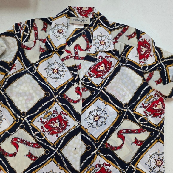 Donnkenny Classics Tops - Donnkenny Classics Nautical Chain Print Button Up Blouse Navy Red Gold Small